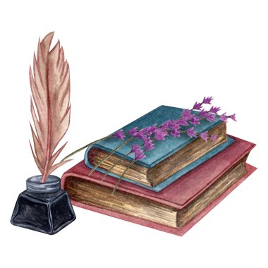 El Çizilmiş suluboya illüstrasyon. Lavander, mürekkep şişesi ve tüylü eski kitaplar yığını.  