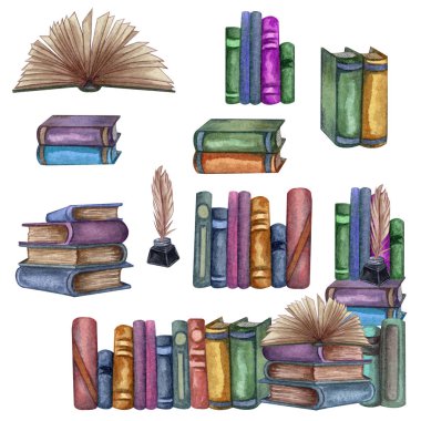 Eğitim sanat kütüphanesi seti, kitaprafları, açık kitap, tüylü mürekkep şişesi, farklı kitaplar suluboya el çizilmiş illustrstion. Kitaplarla Coner çerçevesi.