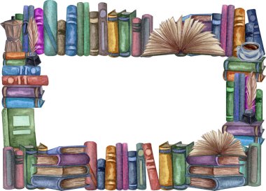 Okul kitapları çerçeve, eğitim sanat kütüphanesi, kitapraflar suluboya el çizilmiş illustrstion. Kitaplarla kare kare.
