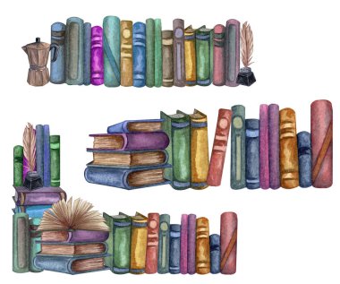 Okul kitapları çerçeve, eğitim sanat kütüphanesi, kitapraflar suluboya el çizilmiş illustrstion. Kitaplarla Coner çerçevesi. Sınır.