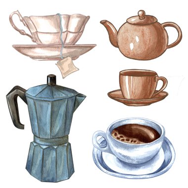 Suluboya kahvaltı seti, çay fincanı, çaydanlık, coffemaker, fincan og coffe beyaz arka plan üzerinde izole. 