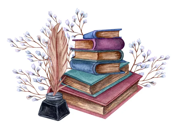 손으로 그린 수채화 그림 잉크 병, 깃털 꽃 나뭇 가지와 오래 된 책의 더미. — 스톡 사진