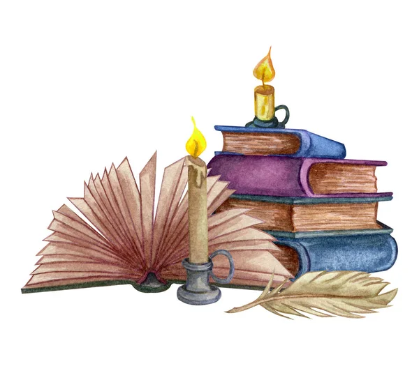 Handgezeichnete Aquarell-Illustration eines Stapels alter Bücher mit Tintenflasche und Feder. — Stockfoto