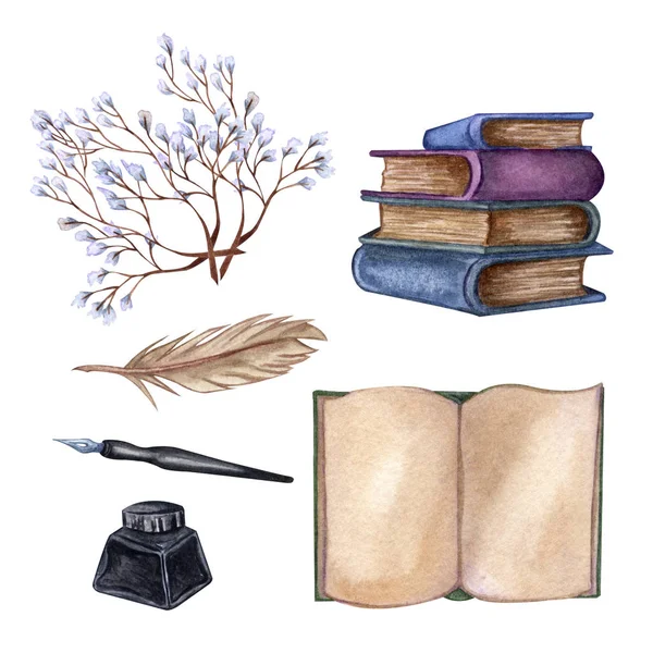 손으로 그린 수채화 그림입니다. 오래된 책, 잉크 병, 잉크 펜, 꽃 나뭇 가지, 열린 책, 깃털의 더미세트. — 스톡 사진