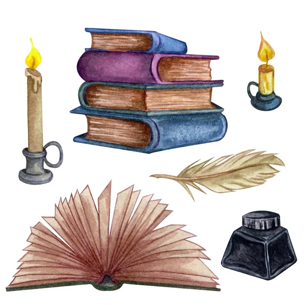 Handgezeichnete Aquarell-Illustration. Set mit einem Stapel alter Bücher, Tintenflasche, offenem Buch, Feder und Kerze. — Stockfoto