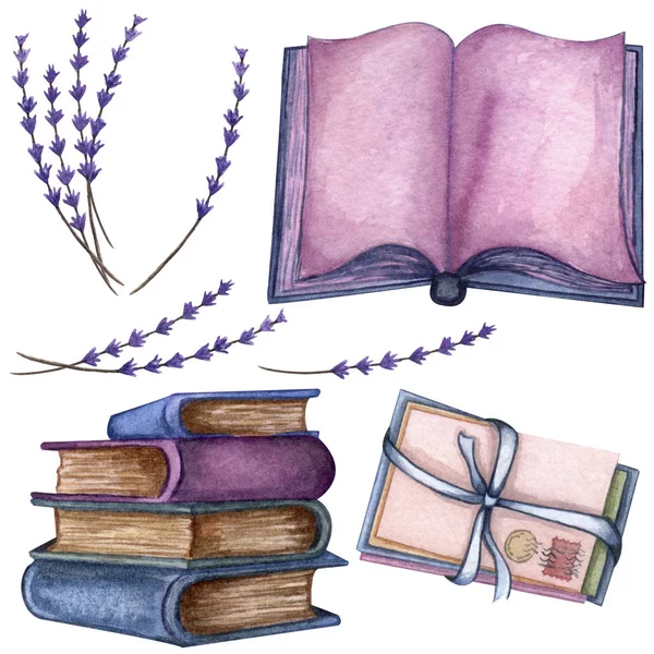 Hand Drawn watercolor illustration. a pile of old books, lavender twig, open book, love letters. — Stock Photo, Image