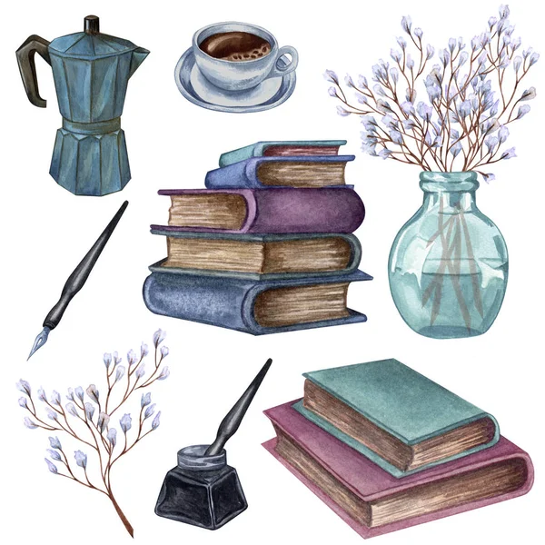 Hand getekende aquarel illustratie. Een stapel oude kleurboeken, inktfles, inkt pen, Floral twig in een vaas, koffiezetapparaat, kopje koffie. — Stockfoto