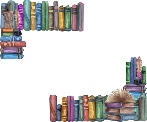 Kniha školních knih, vzdělávací knihovna, knižnice, akvarel, kreslené ilustrování. Čtvercový rám s knihami. — Stock fotografie