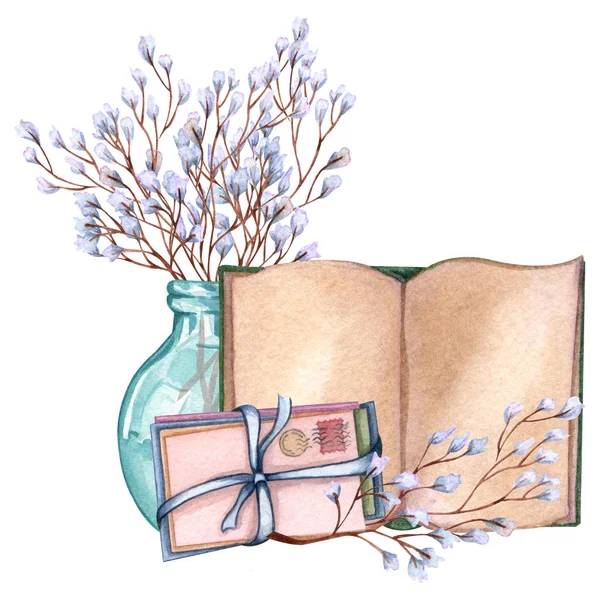 Acuarela dibujada a mano ilustración libro abierto, ramitas florales en un jarrón, letras . — Foto de Stock