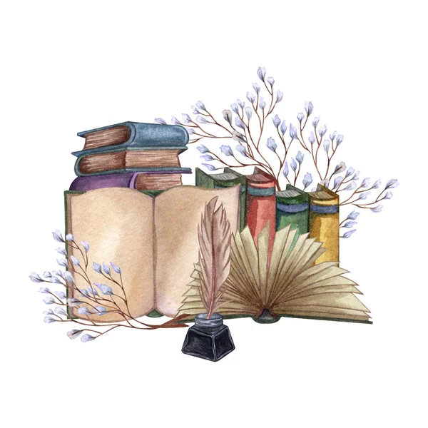 Handritade akvarell illustration en hög med gamla böcker, bläck flaska, bläckpenna, blommig kvist, öppen bok. — Stockfoto
