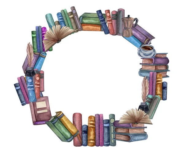 School boeken krans, onderwijs kunst bibliotheek, Boekenplanken aquarel hand getekende illustrstion. Rond frame met boeken. — Stockfoto