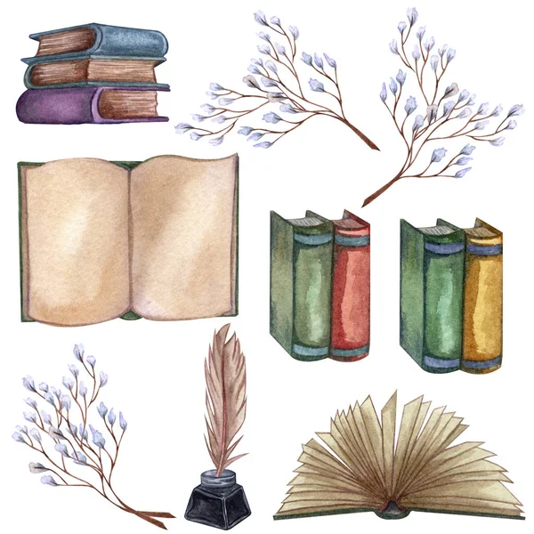 Handritad akvarell illustration. Ställ med en hög med gamla böcker, bläck flaska, bläckpenna, blommiga kvistar, öppen bok, fjäder. — Stockfoto