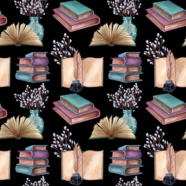 Seamless pattern with antique objects. Old and rare books together with artifacts.