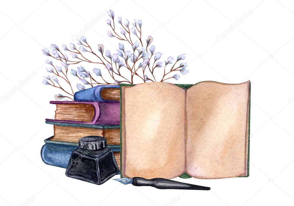 watercolor illustration a pile of old books, ink bottle, ink pen, floral twig, open book. 