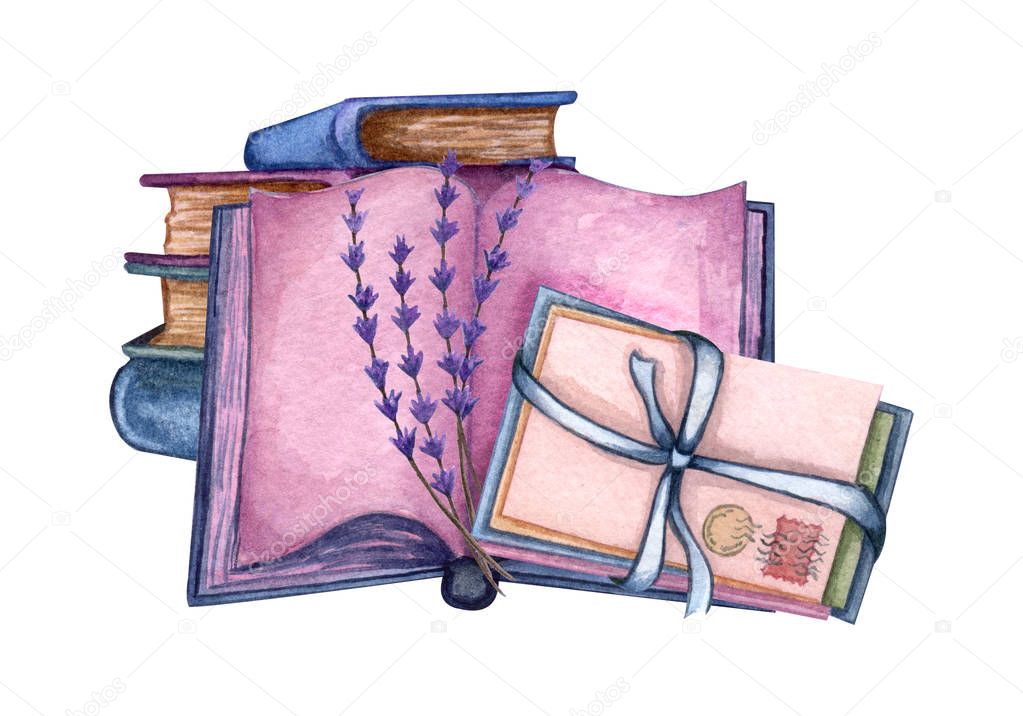 Hand Drawn watercolor illustration. a pile of old books, lavender twig, open book, love letters.  