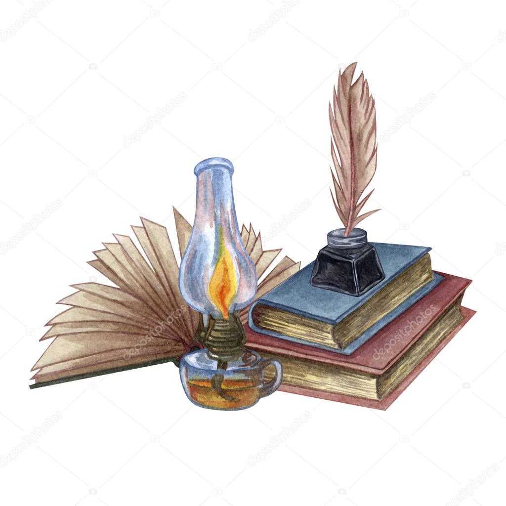 Hand Drawn watercolor illustration. A pile of old books, ink bottle, open book, feather and old lamp. 