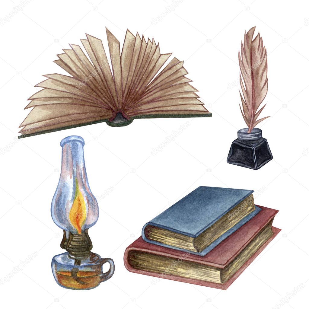 Hand Drawn watercolor illustration. A pile of old books, ink bottle, open book, feather and old lamp. 