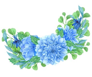 Mavi dahlia ile Suluboya çiçek çelenk , yaprakları, yaprakları, dalları, eğrelti otu yaprakları. Yaz s dahlia çiçek buketi.