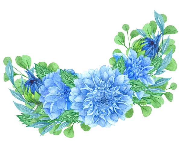 Watercolor floral wreath with blue dahlia , leaves, foliage, branches, fern leaves.  Summer�s dahlia flowers bouquet. — Stock Photo, Image