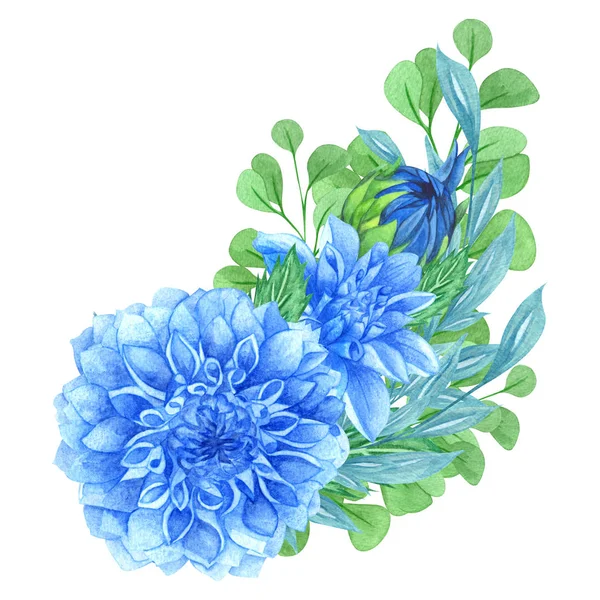 Aquarell-Blumenkranz mit blauer Dahlie, Blättern, Laub, Zweigen, Farnblättern. Dahlienblütenstrauß im Sommer. — Stockfoto