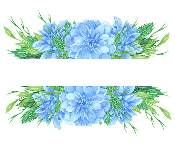 Grinalda floral aquarela com dália azul, folhas, folhagem, ramos, folhas de samambaia e lugar para o seu texto . — Fotografia de Stock