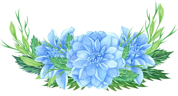 Akvarell virág koszorút kék Dahlia, levelek, lombozat, ágak, páfrány levelek. Nyári s Dahlia virágok csokor. — Stock Fotó