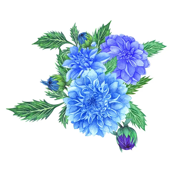 Watercolor floral bouquet with blue dahlia , leaves, foliage, branches, fern leaves. — Stock Photo, Image