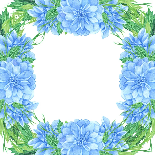 Watercolor floral wreath with blue dahlia, leaves, foliage, branches, fern leaves and place for your text.  Square dahlia flowers frame. — Stock Photo, Image