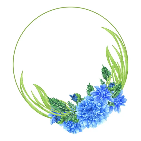 Watercolor floral wreath with blue dahlia , leaves, foliage, branches, fern leaves. Summer�s dahlia flowers bouquet. — Stock Photo, Image