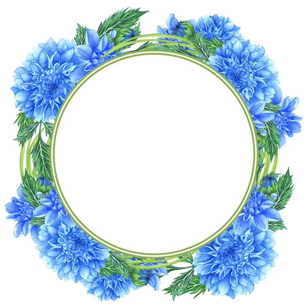 水彩花圈与蓝色大丽花，叶子，树叶，树枝，植物叶。夏天的达利亚花束. — 图库照片
