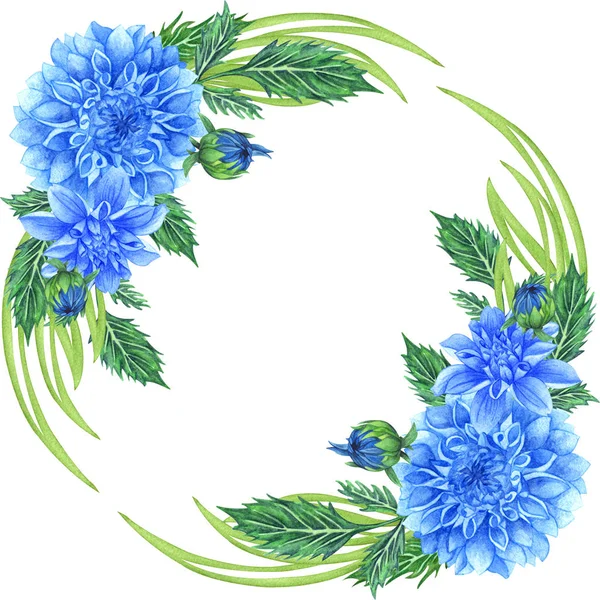 Watercolor floral wreath with blue dahlia , leaves, foliage, branches, fern leaves. Summer�s dahlia flowers bouquet. — Stock Photo, Image