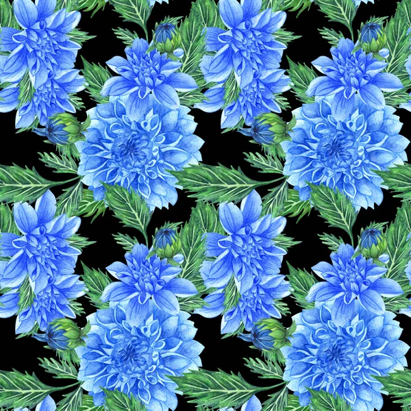 Nahtloses Muster mit Dahlien oder Pfingstrosen auf schwarzem Hintergrund. Blumen, Knospen und Blatt von Hand mit Aquarell gezeichnet. — Stockfoto