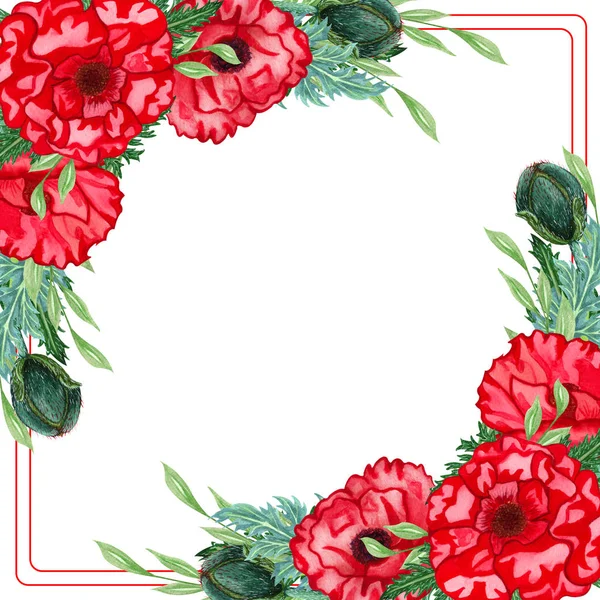 Wildflower poppy flower wreath. Watercolor background banner with red poppies and green leaves. — Stock Photo, Image