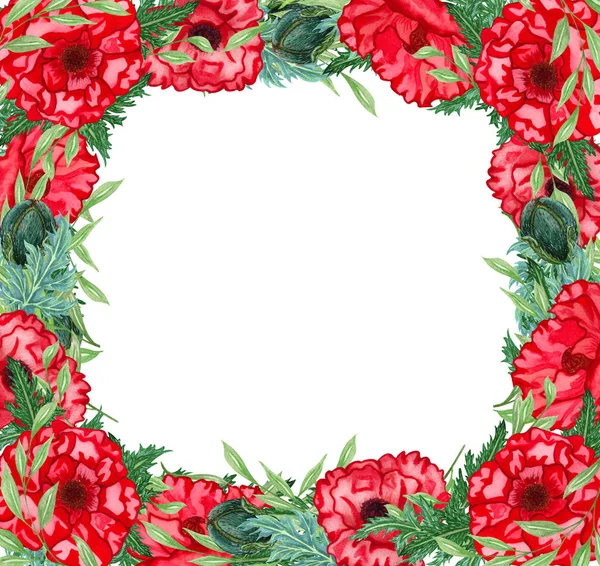Corona de flores de amapola silvestre. Banner de fondo de acuarela con amapolas rojas y hojas verdes . —  Fotos de Stock