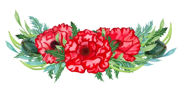 Акварельні макові квіти. Прекрасний яскравий букет з червоними маками і зеленим листям. Ізольоване зображення на білому тлі . — стокове фото
