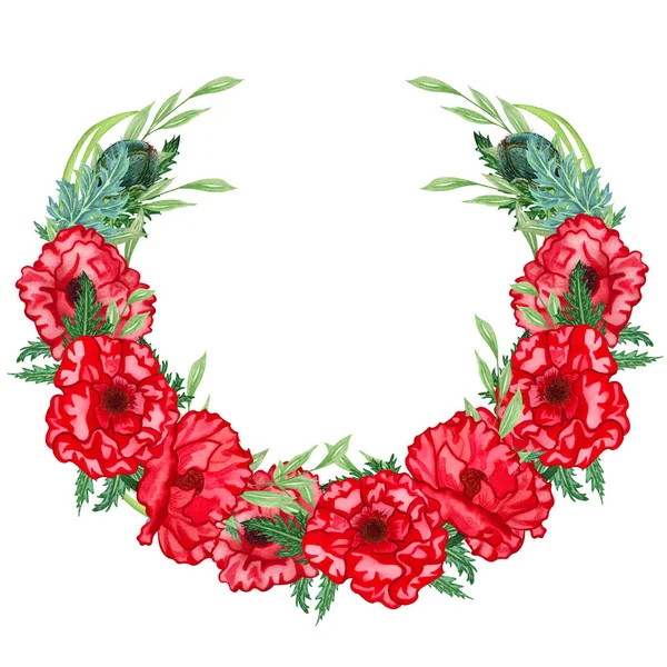 Watercolor background wreath with red poppies and green leaves.  Wildflower poppy flower round frame. — Stock Photo, Image