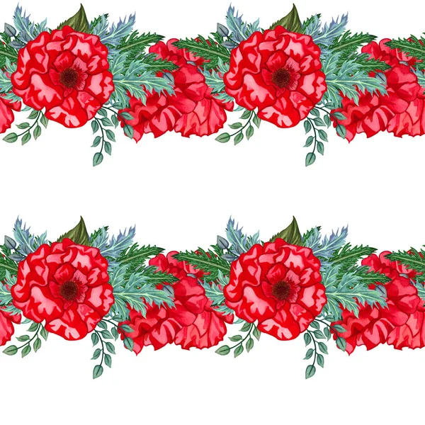 Seamless pattern with poppies on white background. Collection decorative floral design elements. Flowers, buds and leaf hand drawn with watercolor. — Stock Photo, Image