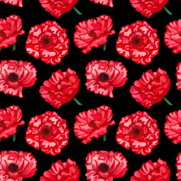 Patrón sin costuras con amapolas sobre fondo negro. Colección de elementos decorativos de diseño floral. Patrón sin fin con flor de amapola roja . — Foto de Stock