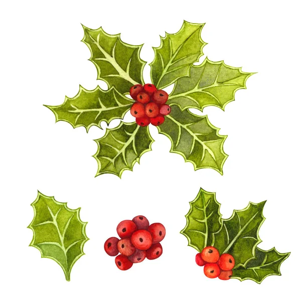 Aquarell handgezeichnete Weihnachts- und Neujahrssymbole dekorative Elemente. Stechpalmenzweig mit Blättern und roten Beeren. — Stockfoto