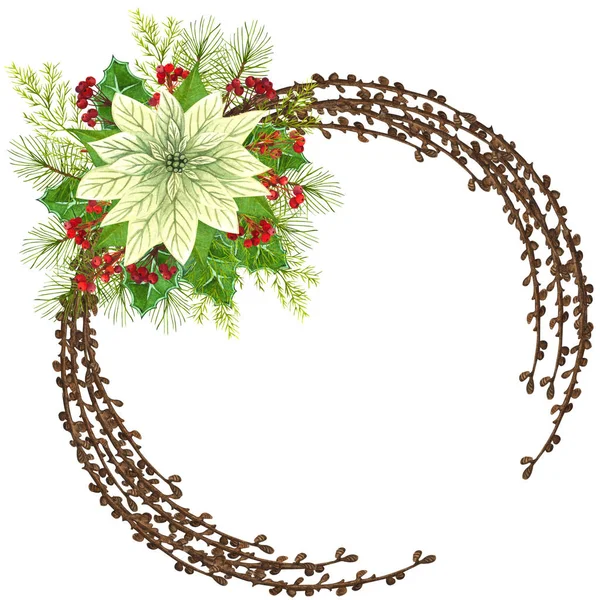 Aquarell weihnachtlicher Blumenkranz. handbemalter Weihnachtsstern, immergrüner Baum rote Beeren mit Blättern, Stechpalme isoliert auf weiß. Design für Einladungskarte. — Stockfoto