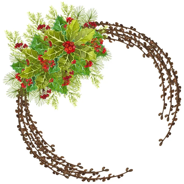 Aquarell weihnachtlicher Blumenkranz. handbemalte Stechpalme, immergrüner Baum rote Beeren mit Blättern isoliert auf weiß. Design für Einladungskarte. — Stockfoto