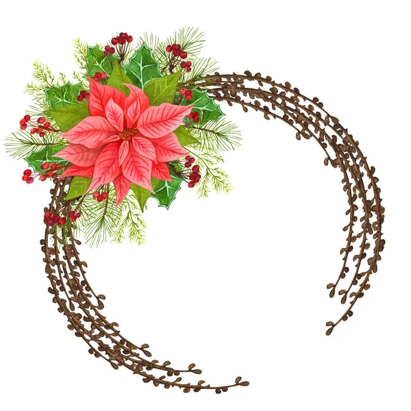Aquarell Weihnachtlicher Blumenkranz Handbemalter Weihnachtsstern Immergrüner Baum Rote Beeren Mit — Stockfoto
