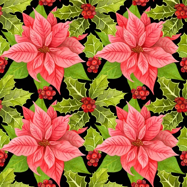Akvarell hand dranw färgglada blommor sömlös mönster med järnek blad, järnek bär och julstjärna blomma - naturlig vinter sömlös mönster på vitt - jul bakgrund. — Stockfoto