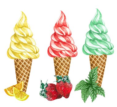Beyaz arka planda izole edilmiş suluboya dondurma kümeleri. Elle çizilmiş limon, çilek ve naneli dondurmanın meyveli waffle külahı.