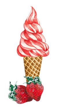 Beyaz arka planda suluboya çilekli dondurma külahı. El çizimi, taze fırça darbeleri ve waffle külahında kırmızı dondurma.