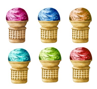 Beyaz arka planda izole edilmiş suluboya renkli dondurma külahları. Waffle külahında el yapımı farklı aromalı dondurmalar. Yeşil, kırmızı, mavi, pembe, çikolata kepçeleri