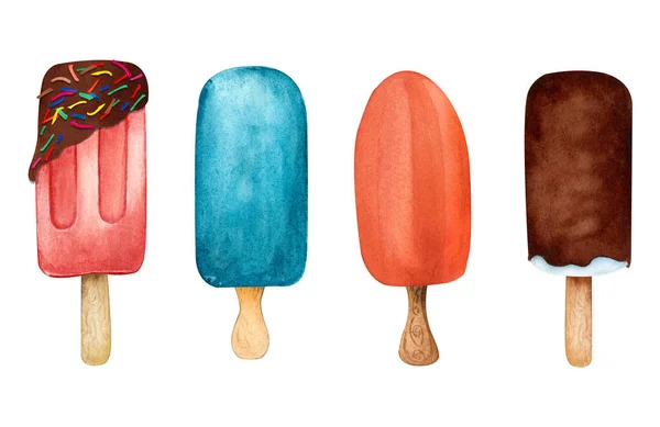 Akvarell készlet gyümölcs fagylalt egy bottal elszigetelt fehér háttér. Édes jeges desszert. Summer food clip art tökéletes menü design — Stock Fotó