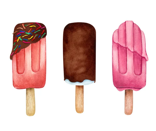 하얀 배경에 고립된 막대기에 과일 아이스크림 수채화 세트. 달콤 한 후식. 메뉴 디자인에 완벽 한 여름 음식 클립 아트 — 스톡 사진