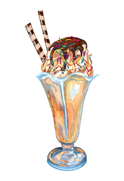 Akwarelowe lody czekoladowe w szklance. Ręcznie rysowane desery lodowe Ilustracja z kijem czekoladowym i śmietaną na wierzchu — Zdjęcie stockowe