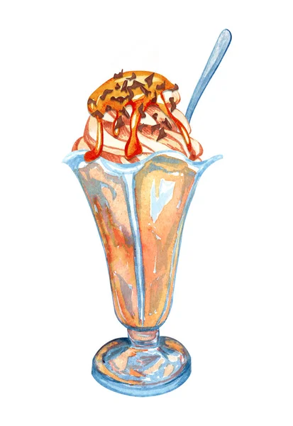 Aquarel karamel ijs in een glas. Hand getekende sundae Illustratie met chocolade bestrooi en room op de top. — Stockfoto